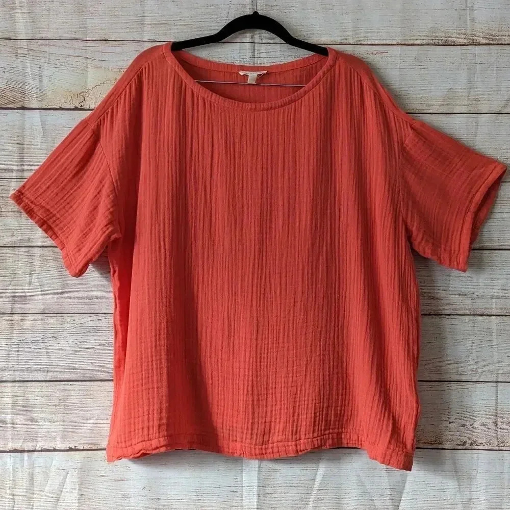 Eileen Fisher Size Large Boat Neck Boxy Blouse Organic Cotton Orange Color Gauge - Picture 2 of 10
